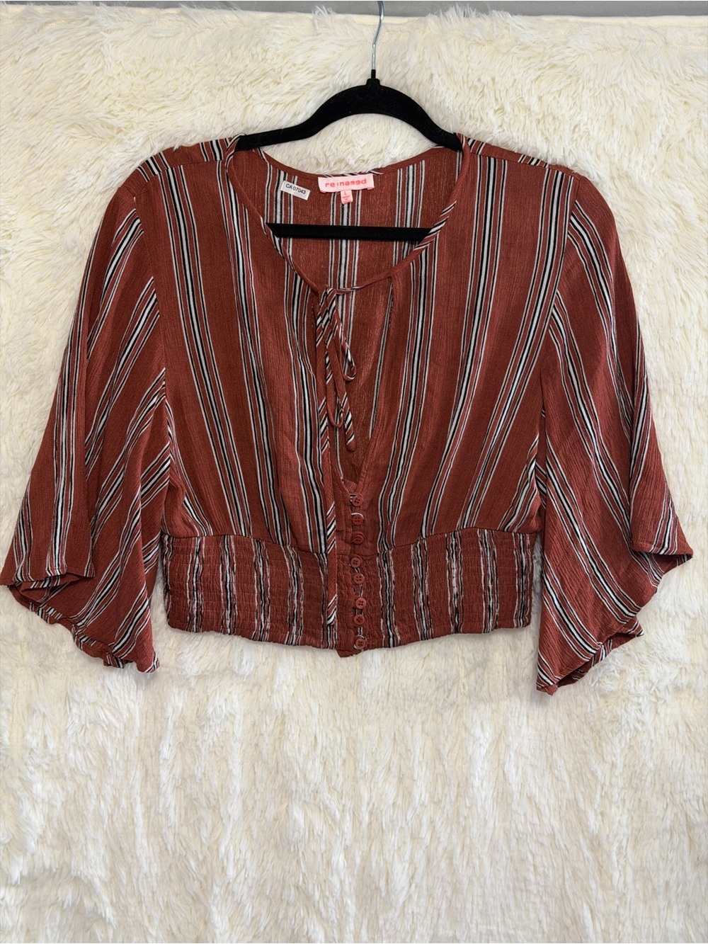 Renamed Womens Boho Indie Cropped Top Size L Orange Stripes Smocked Festival